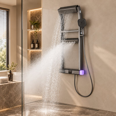 Système de douche thermostatique moderne à deux hauteurs avec 4 fonctions et affichage à DEL avec robinet de baignoire Pommes de douche réglables pour adultes et enfants