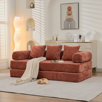 Comfy Convertible Folding Mattress Couch, Floor Sofa Bed, Chenille Floor Sofa With Armrest, Floor Sofa Lounge Couch For Living Room Bedroom Lounge Studio-Orange