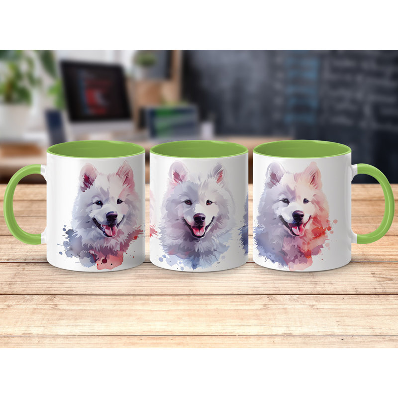 Three Samoyed Dogs Watercolor Design 11oz Coffee Mug, Light Green, 3