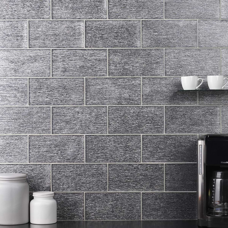 Veda 4x9 Polished Glass Subway Tile, Black/Silver