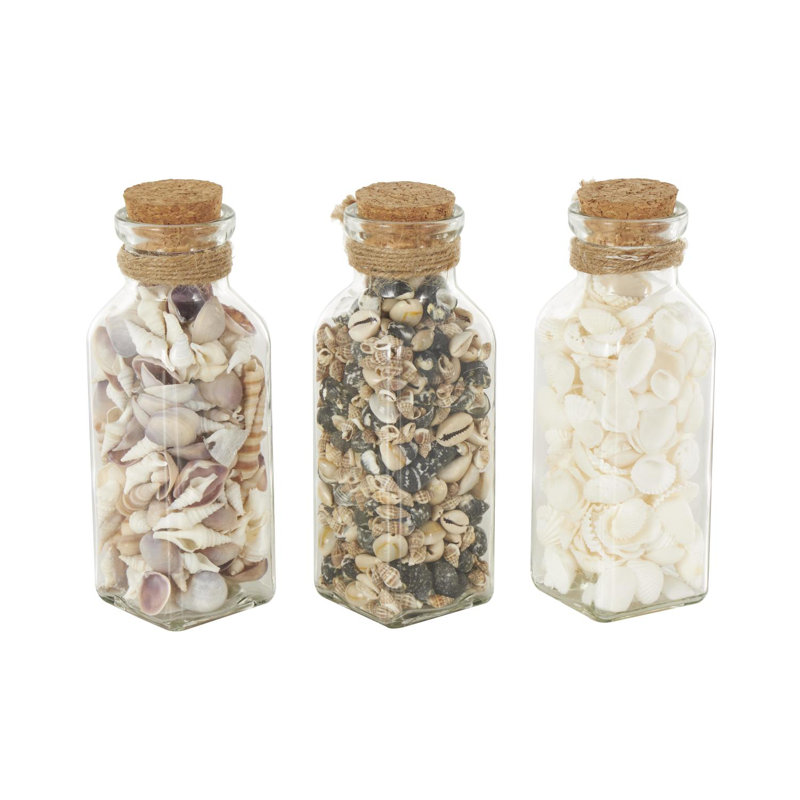 Highland Dunes Glass Orbs & Vase Filler With Various Cream And Brown Seashells And Jute Rope Accents