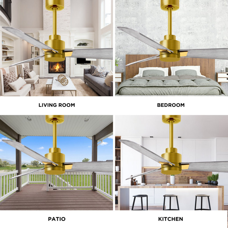 Alessandra Outdoor Downrod Ceiling Fan, Brushed Brass, Barn Wood Tone