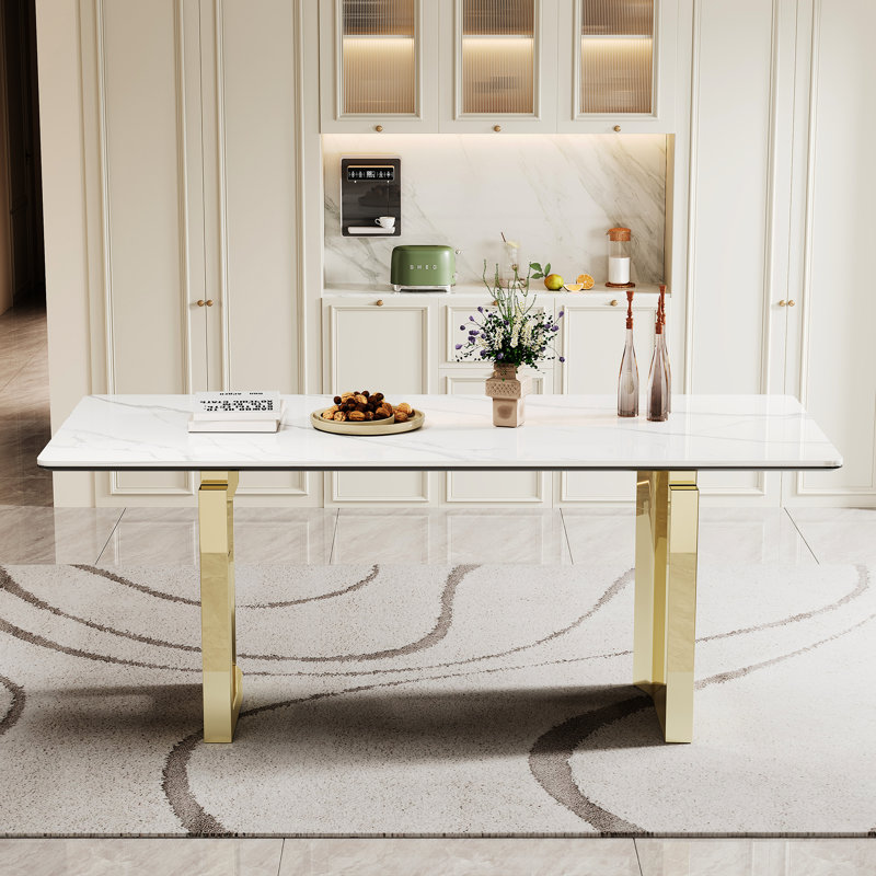 Table de salle à manger rectangulaire dorée avec plateau en verre trempé composite de 12 mm d'épaisseur et base en acier inoxydable de 0,47 po d'épaisseur, pour repas de famille réguliers, 70,79 po de profondeur, 30,86 de largeur, 29,02 de hauteur,