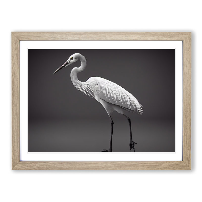 Tranquil Heron Bird 1 Piece Single Picture Frame Wall Art, 34cm H x 46cm W x 2cm D, Oak Framed