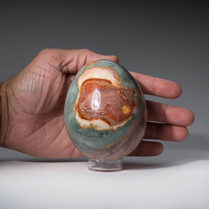 Polished Polychrome Egg From Madagascar (0.6 Lbs), 3.5" H x 2.75" W x 2.75" D, Peach/Red/Blue