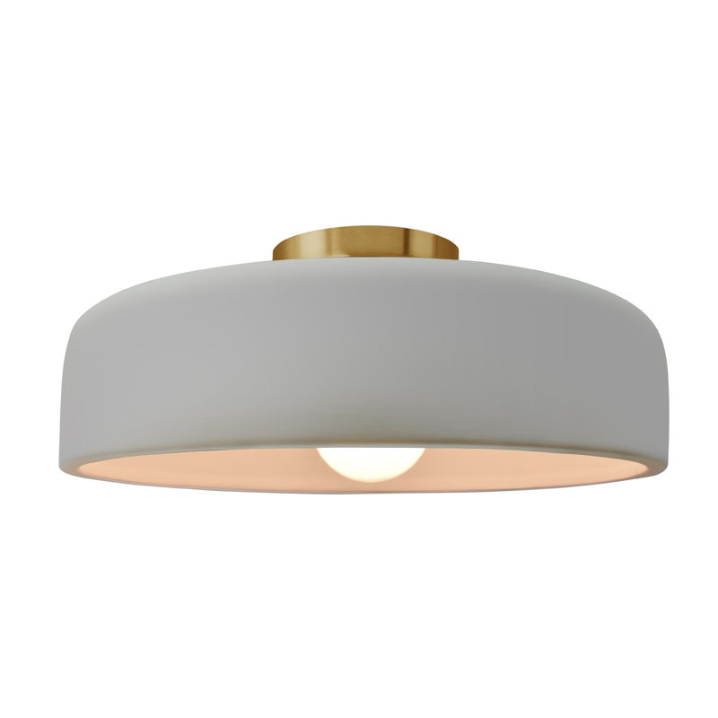 Plafonnier semi-encastré en céramique Dottie, Blanc mat / nickel brossé, Laiton brossé, H 6,5 po x l 16 po x P 16 po