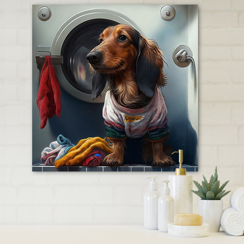 " Dachshund Doing The Laundry IV ", 24" H x 24" W x 1" D