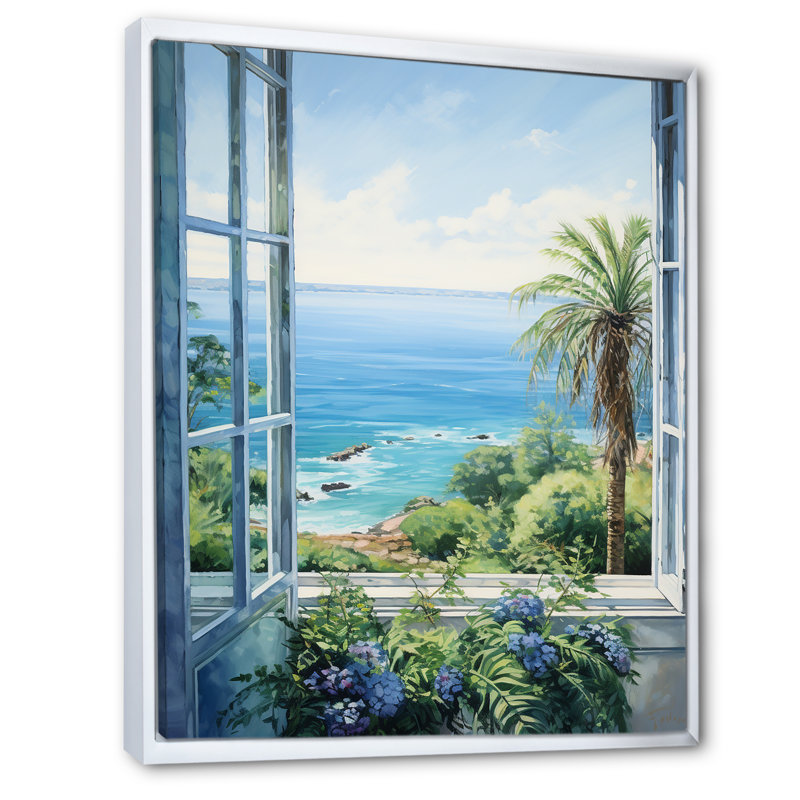«Tropical Windows To The Beach I» - art mural de fenêtres côtières, H 40 po x l 30 po x P 1,5 po, Cadre flottant blanc