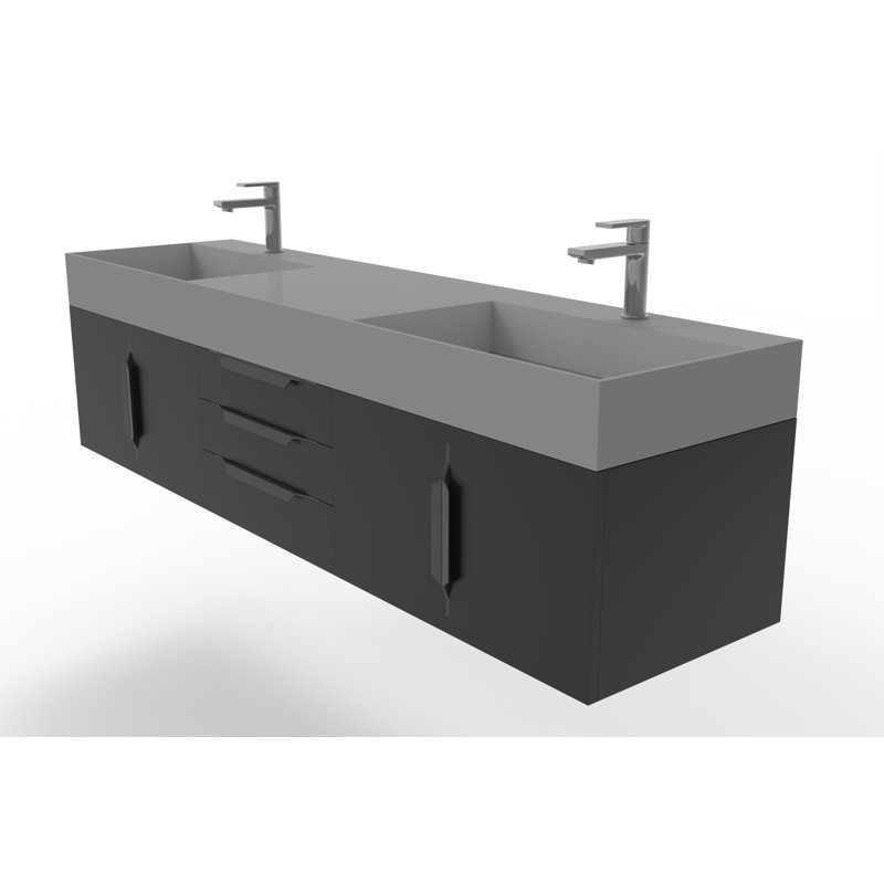 Ensemble de meuble-lavabo mural simple l 72 po Clelie, Noir, Noir, Bleu