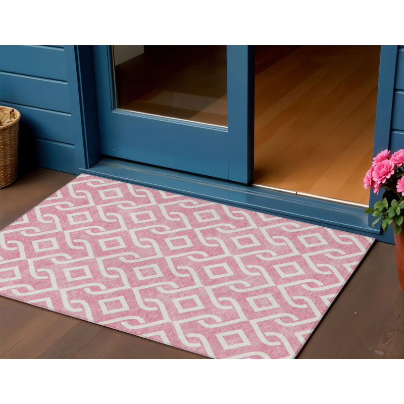 3' X 5' Blush And Ivory Geometric Washable Indoor Outdoor Area Rug