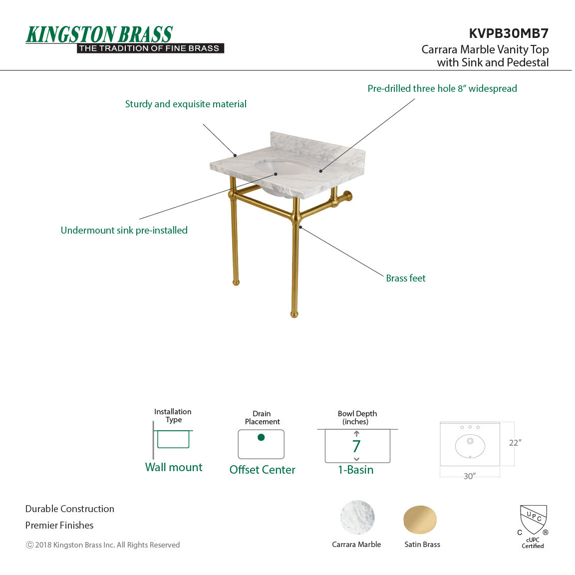 Templeton 30" Vanity Top Console Sink, Carrara Marble/Satin Brass