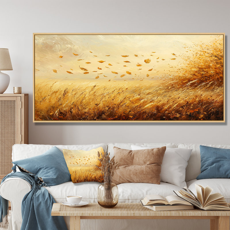 Autumn Windy Prairie Leaves II - feuilles, art mural, H 28 po x l 60 po, Floater Framed, Noir