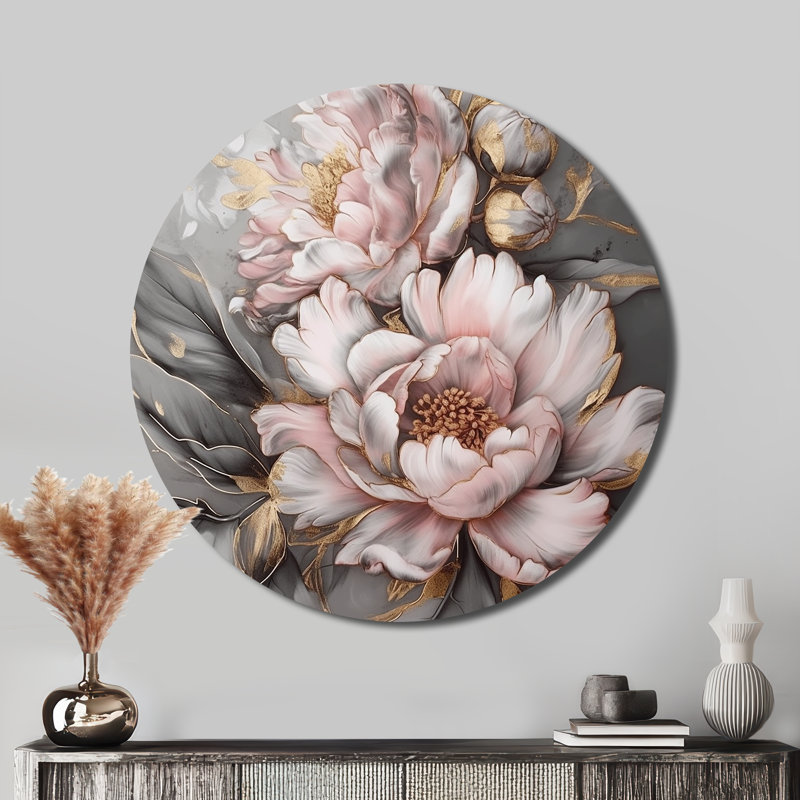 Pivoines roses et grises élégantes I - Art floral rond en métal, H 16 po x l 16 po