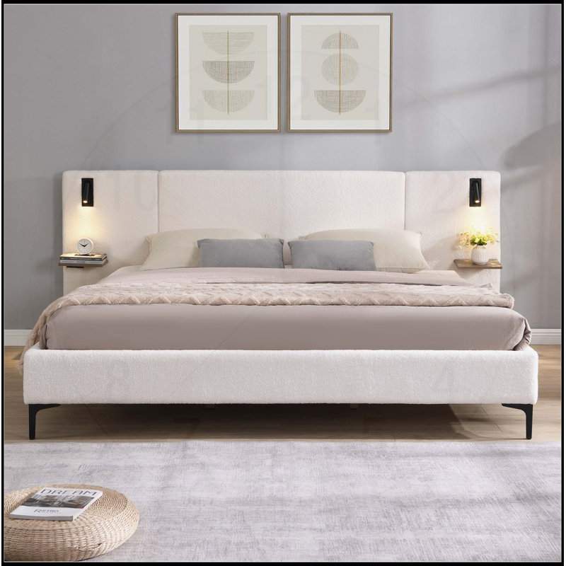 Chic Boucle Upholstered Bed with Integrated Lights and Shelves, Textured Comfort and Modern Design for Queen Bedrooms, White