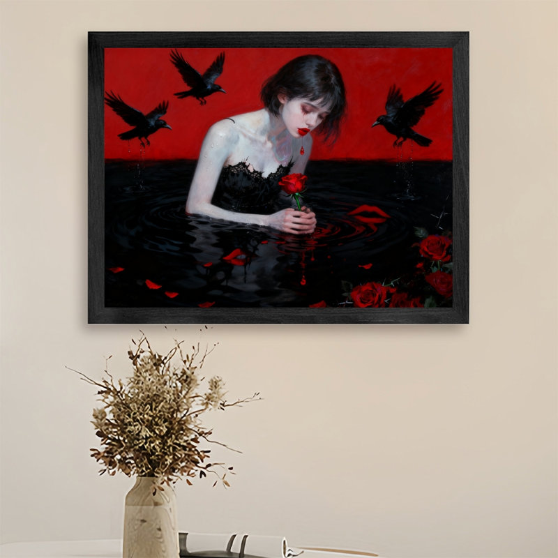 Reproduction d'art encadré noir, rouge et noir, romantique sur fond noir, H 25 po x l 17 po