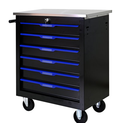 6 Tool Trolley On Wheels - Black + Blue, Powder Coated Steel, Key Locked Drawers, Smooth Steel Countertops, Movable 6 Drawers Workshop With Structure, Lockable, Countertop, 2 Brakes