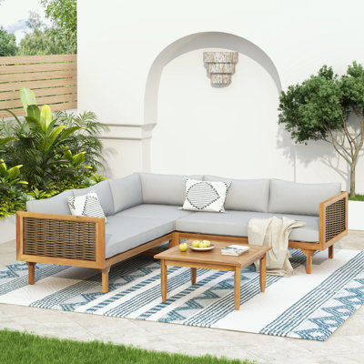 Ensemble d'extérieur 4 pièces en bois avec coussin moelleux