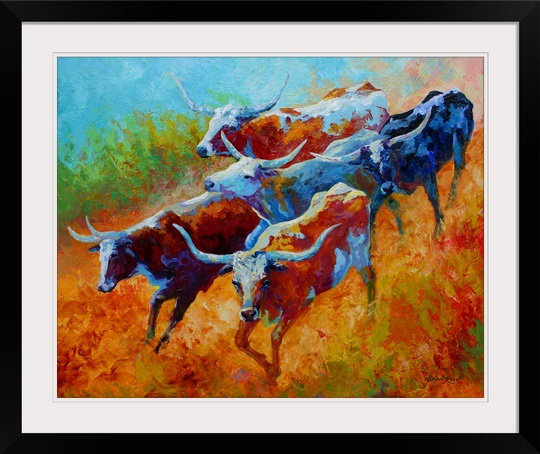 "Aidrianna Longhorns II" par Marion Rose, reproduction d'art encadrée, H 31 po x l 37 po x P 1 po, Imprimé à cadre noir