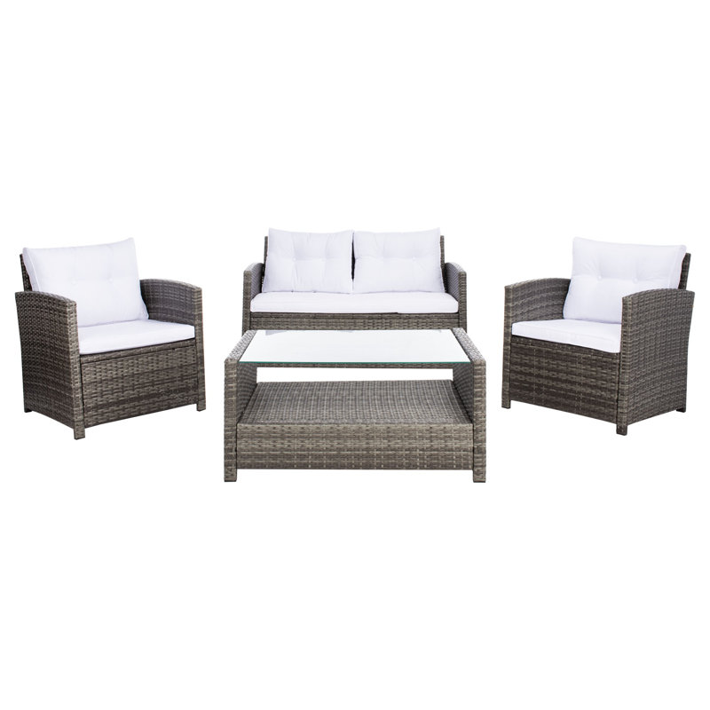 Anyuta Wood 4 - Person Patio Conversation Set with Cushions, Brown Frame/White Cushion