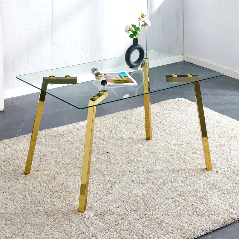 Modern Minimalist Rectangular Dining Table Tempered Glass Top Golden Metal Legs, 29.5"H x 51"L x 31.5"W, Gold