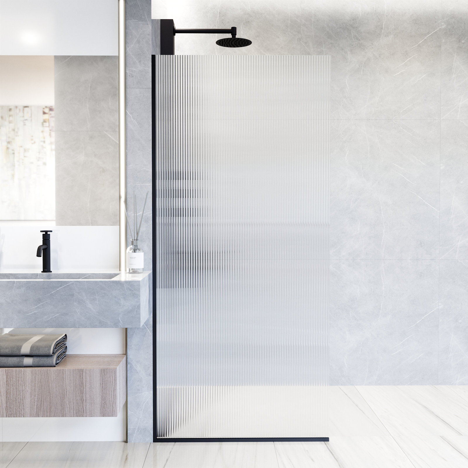 Zenith Frameless Fixed Shower Screen, Matte Black Fluted