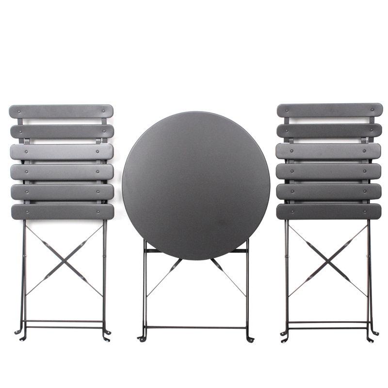 Balcon de patio gris bistro 3 pièces, chaises et table en métal, construction robuste rouille, conception pliante à la mode, sièges confortables, coussins à décoloration, entretien sans effort en gris, construction, pliable