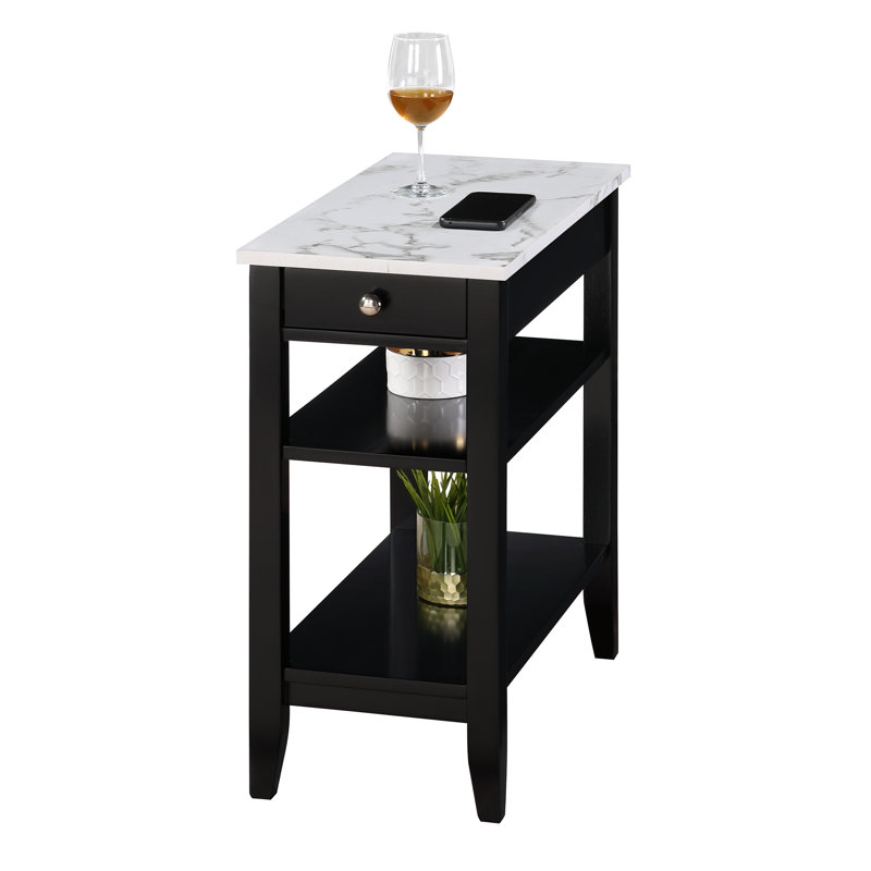 Carbin End Table with Drawer and Shelves, White Faux Marble Top/Black Base