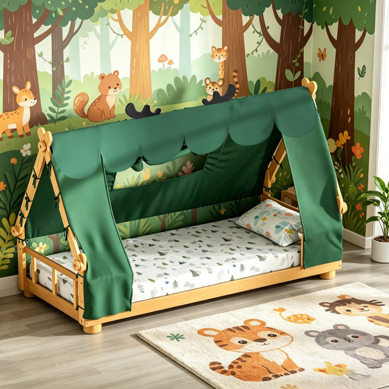  Twin Size Canopy Bed Frame with Removable Fabric Cover, Yellow