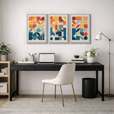 Abstract Vibrant Color Blocks "Contemporary Bold Orange Blue Abstract Artwork, Mid Century Modern Boho Pictures, 3 Pieces Canvas Giclee Digital Print Wall Art"  