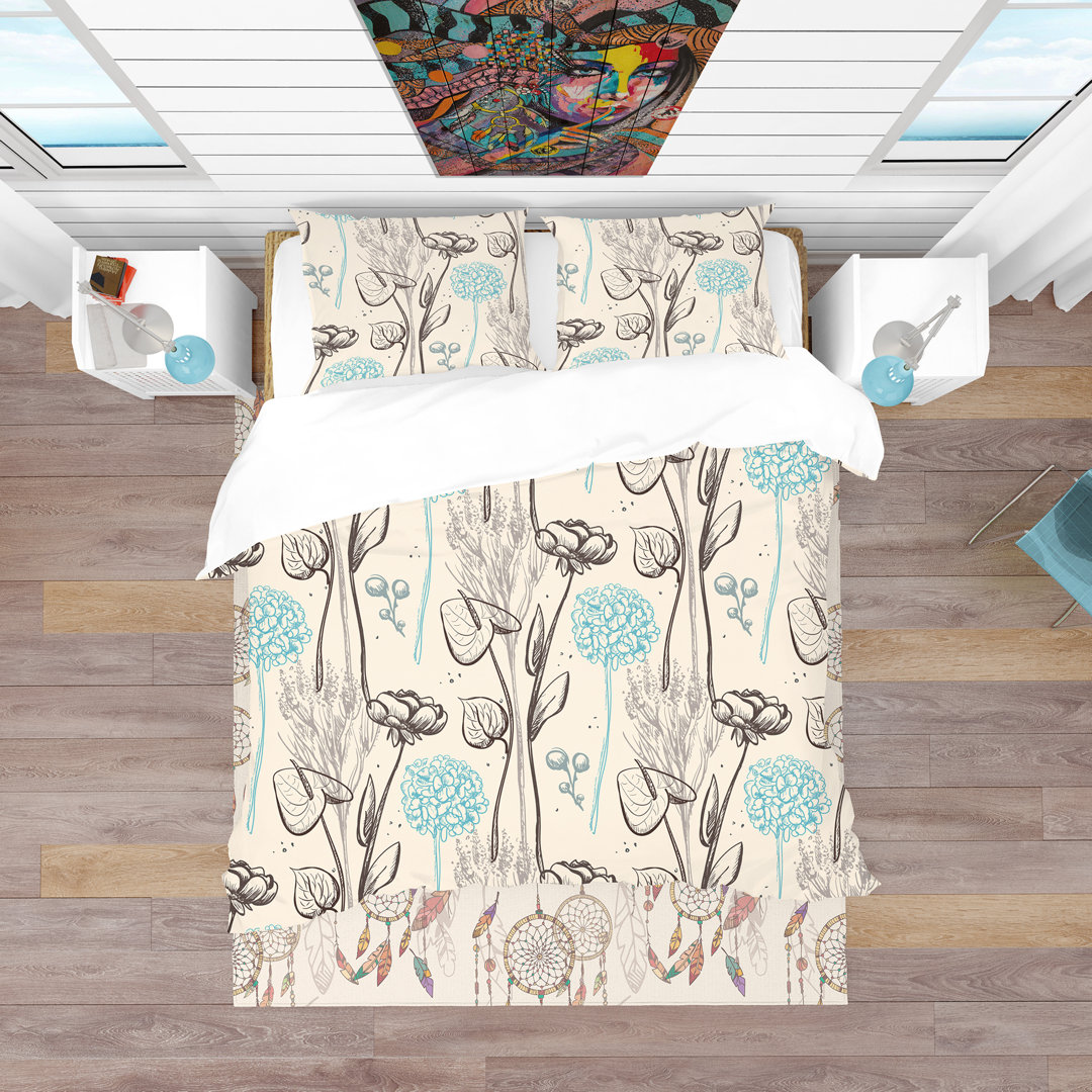 Vintage Flower Pattern - Oriental Floral Flower Duvet Cover Set - Microfiber Polyester Design Art 