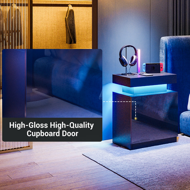 Black High Gloss LED Nightstand Set with Cabinet