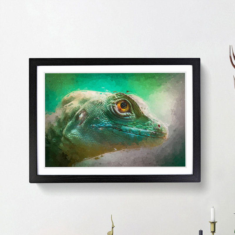 Green Lizard in Abstract - Picture Frame Graphic Art Print, 36cm H x 48cm W x 2cm D, Black Framed