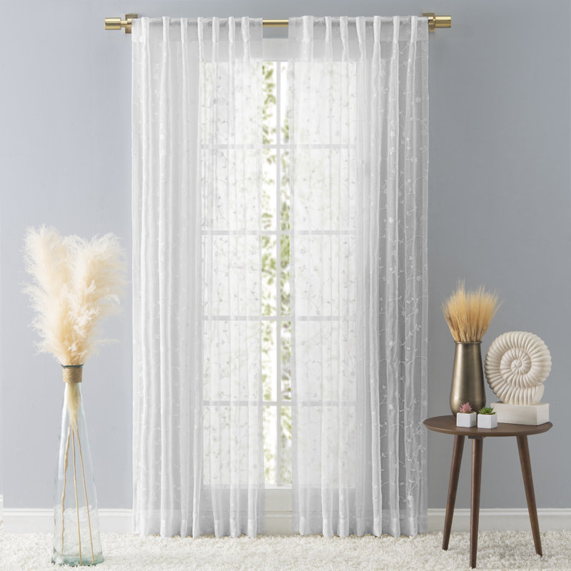 Elegant Embroidered Floral Semi-Sheer Rod Pocket w/ Back Tabs Curtain Panel, White, 51" W x 84" L