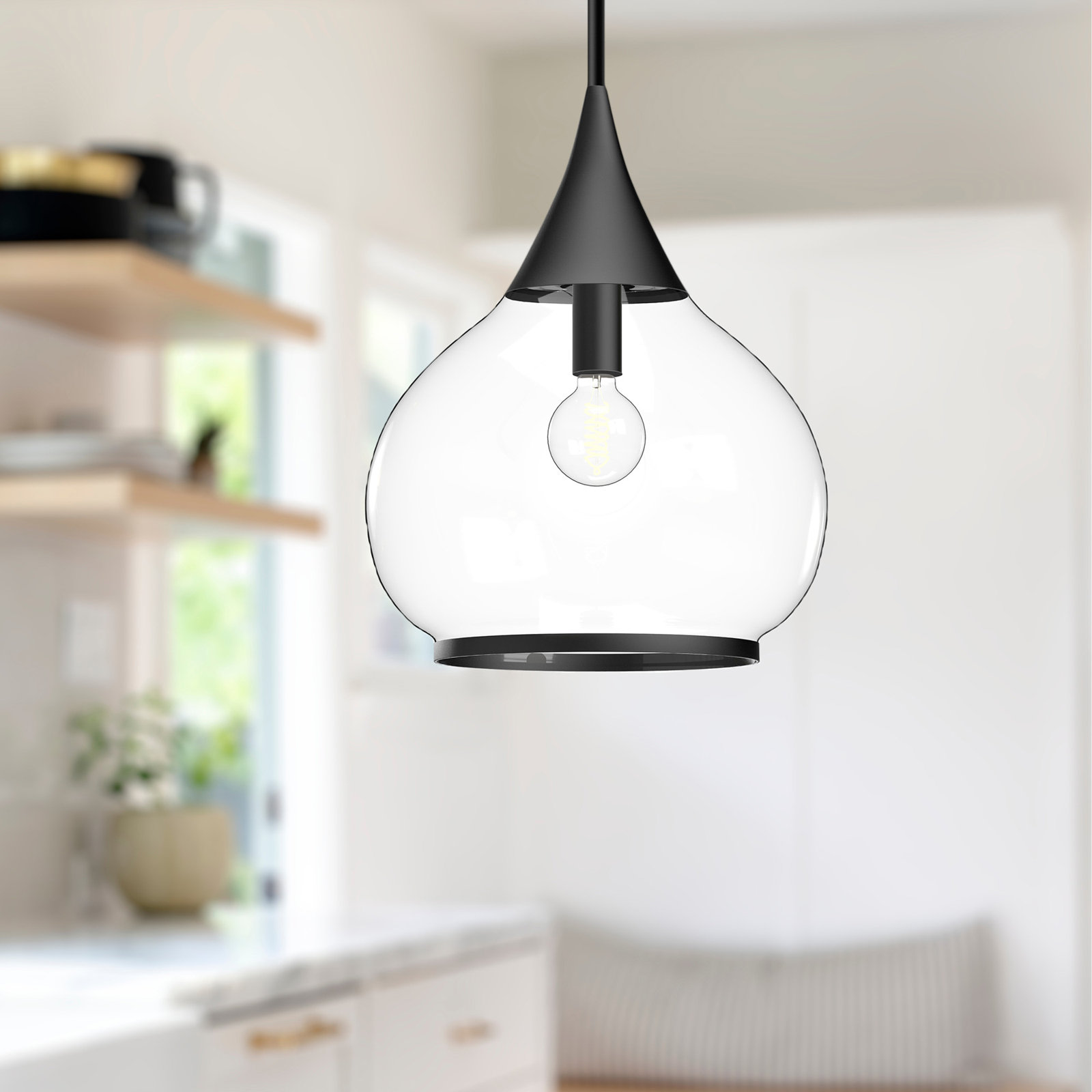 Hazel Single Light Glass Pendant, Clear, Matte Black, 68" H x 14" W x 14.13" D