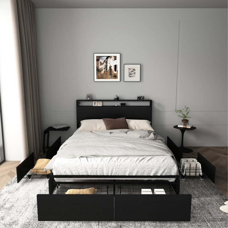 Noise - cadre de lit double avec 6 tiroirs de rangement sur roulettes, charge de tête de lit et éclairage intégré, solide et solide, aucun sommier tapissier requis, noir et métal, plan d'installation facile à intensité variable, structure stable