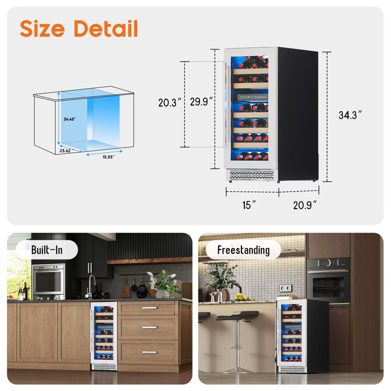 Abernathy 15'' Dual Zone Wine Cooler, 31-Bottle Capacity, 41–68°F Digital Temperature Control, Reversible Double-Layer Glass Door, Built-In or Freestanding