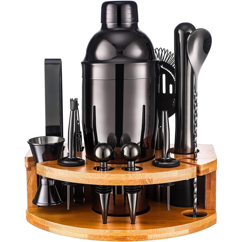Black Stainless Steel Bartender Kit with Bamboo Stand