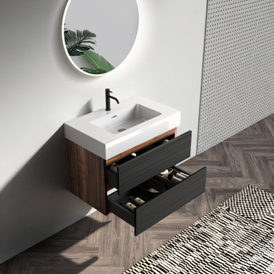 Meuble-lavabo de 30 pi pour salle de bain moderne, fixé au mur avec lavabo d'ingénierie et deux tiroirs noirs, conception unique - finition de qualité E0, lavabo blanc à fermeture en douceur et à fermeture en douceur, Mid Century E1