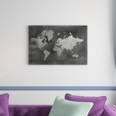 Large Silver World Map on Black Wash 1 Piece Painting