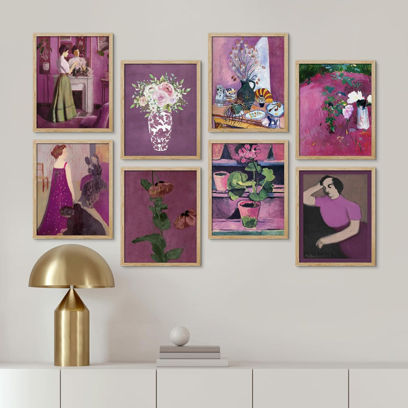 Rose et mauve, portrait de femme et fleurs vintage bohémiennes florales encadrées sur papier, impression de 8 pièces, Naturel