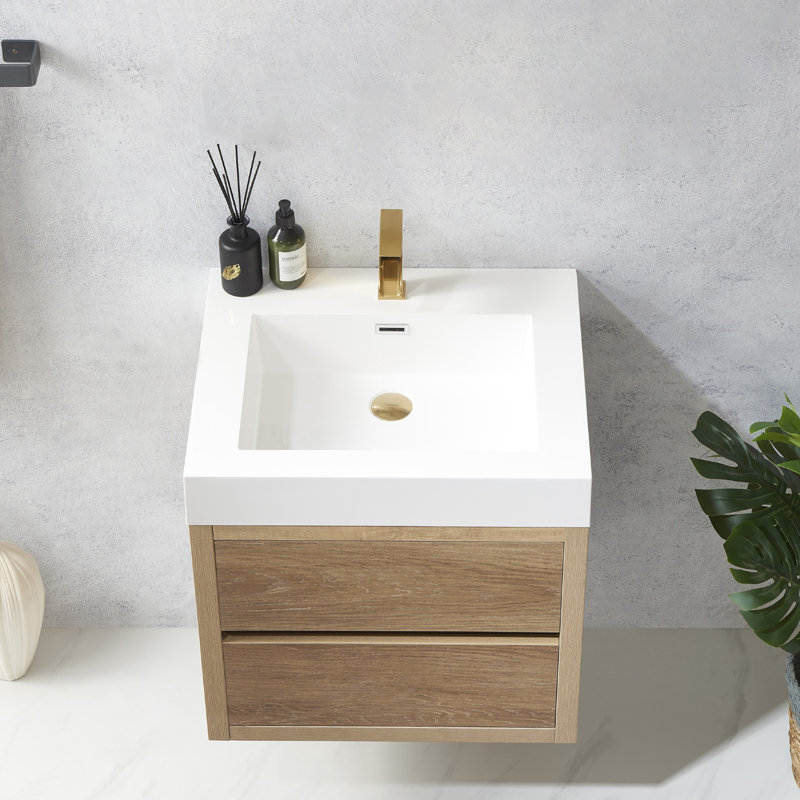 Vali 24'' Single Bathroom Vanity with Composite Top, North American Oak Finish, White