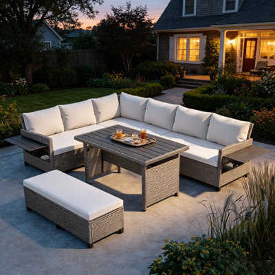 Ensemble de meubles de patio extérieur 5 pièces, ensemble de canapé modulaire en osier en PE avec tables d'appoint extensibles, table de salle à manger, housses et coussins lavables pour cour, jardin, bord de piscine, blanc