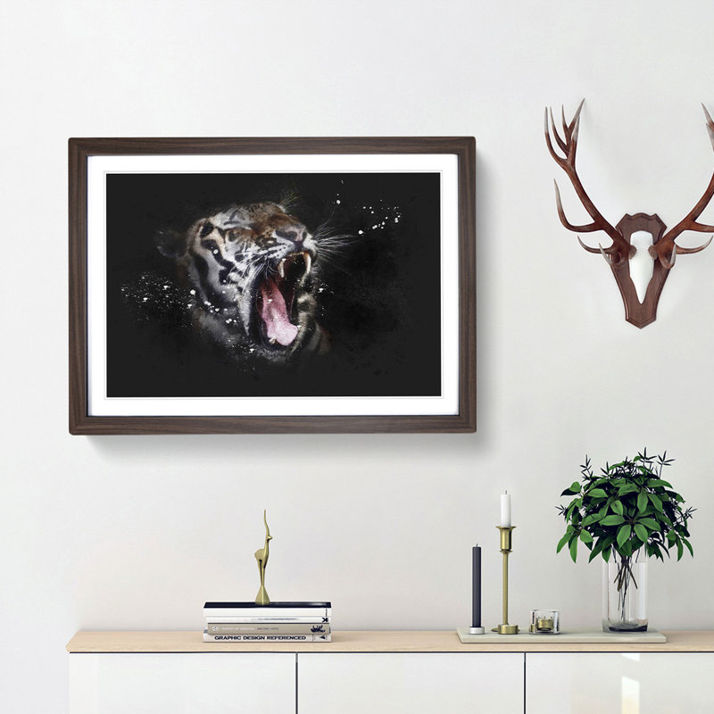 A Yawning Tiger - Single Picture Frame Print on MDF, Walnut Framed, 45cm H x 63cm W x 2cm D