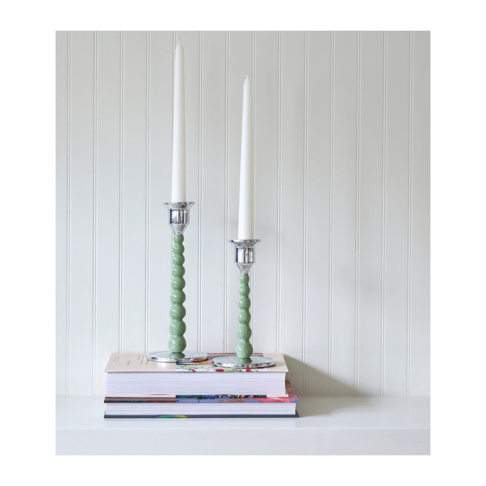 Pearled Aluminum Tabletop Candlestick, Green, 9" H x 3.54" W x 3.54" D