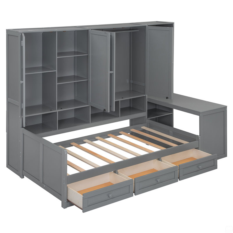 Twin Size Wooden Daybed With Three Drawers, And All-In-One Cabinet, Desk And Shelves, Gray