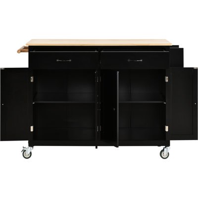 Black Kitchen Island Cart With Solid Wood Tabletop, 4 Door Cabinet, 2 Drawers, Adjustable Shelves, Towel Rack Locking , Black, & Stable Lockable Mobile