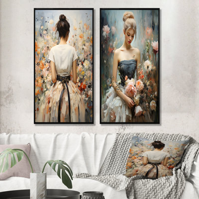 Impressionist Fashion Woman In Flower Field I - Fashion Wall Art Living Room Set Of 2