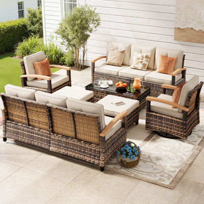  Ensemble de 7 meubles de patio, ensembles de conversation de patio en osier avec 2 accoudoirs pivotants en bois, ensemble de conversation extérieur pour terrasse et bord de piscine (beige)