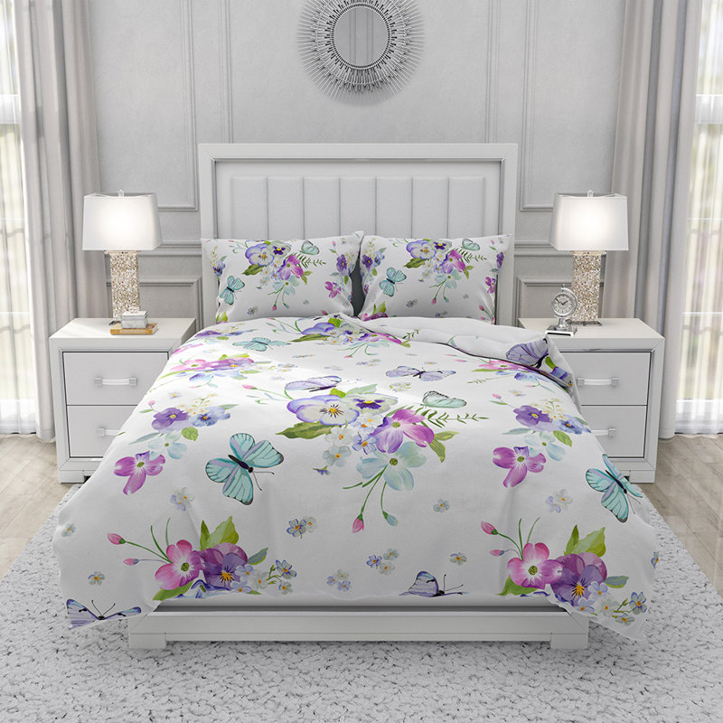  Ensemble de housse de couette en microfibre 3 pièces blanc et mauve, Housse de couette simple et deux taies décorative