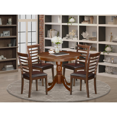 L'ensemble de mobilier de salle à manger 5 pièces comprend une table de cuisine ronde avec piédestal et 4 chaises de salle à manger rembourrées en similicuir, 36 x 36 pouces, acajou